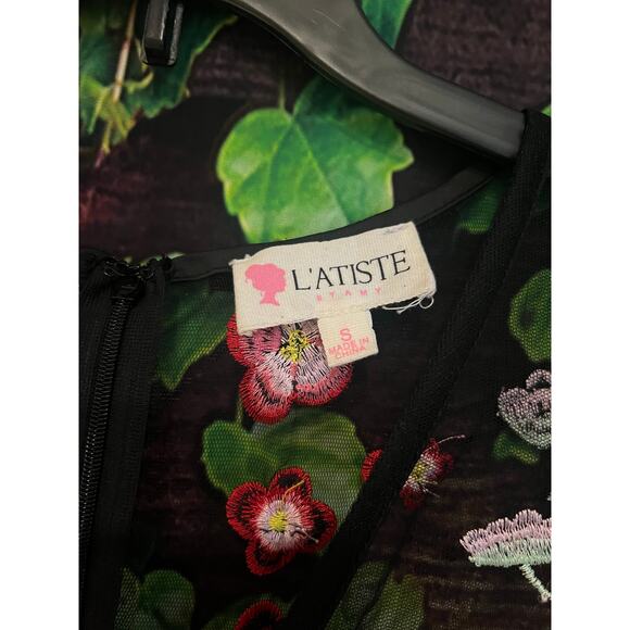 L'Atiste by Amy Floral Embroidered Mesh Midi Dress Gown Homecoming Prom Black S - Picture 8 of 8